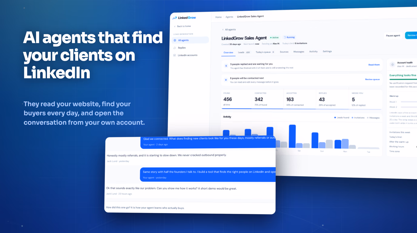 LinkedGrow v2, AI agents that find your clients on LinkedIn, with the agent dashboard and a live conversation