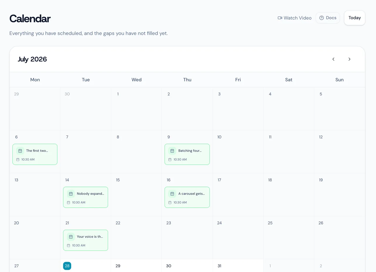 A month of published and queued posts sitting in the content calendar