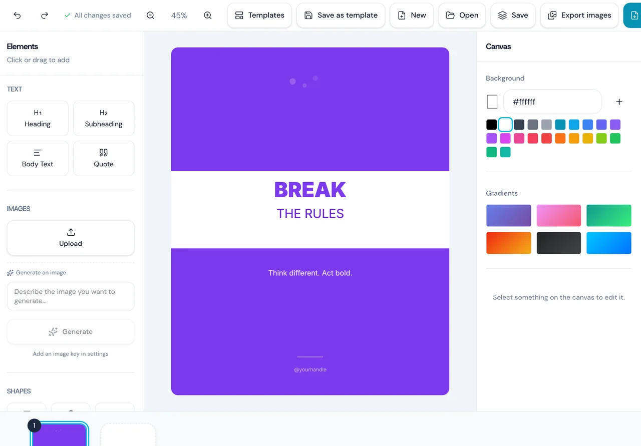 The carousel editor with a slide designed from a preset, its elements panel open