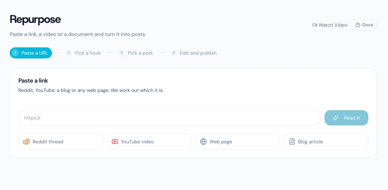 The Repurpose screen turning a pasted Reddit thread into a LinkedIn draft