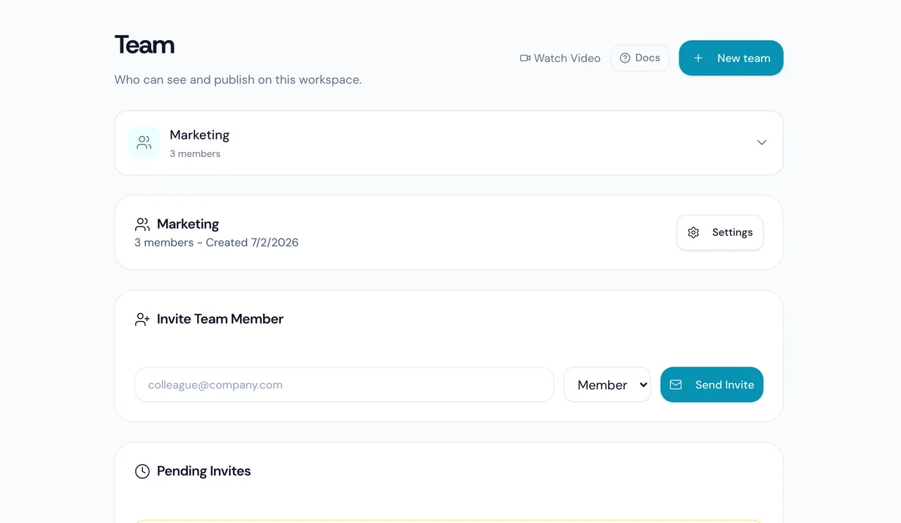A workspace with three people on it, their roles, and one invitation waiting