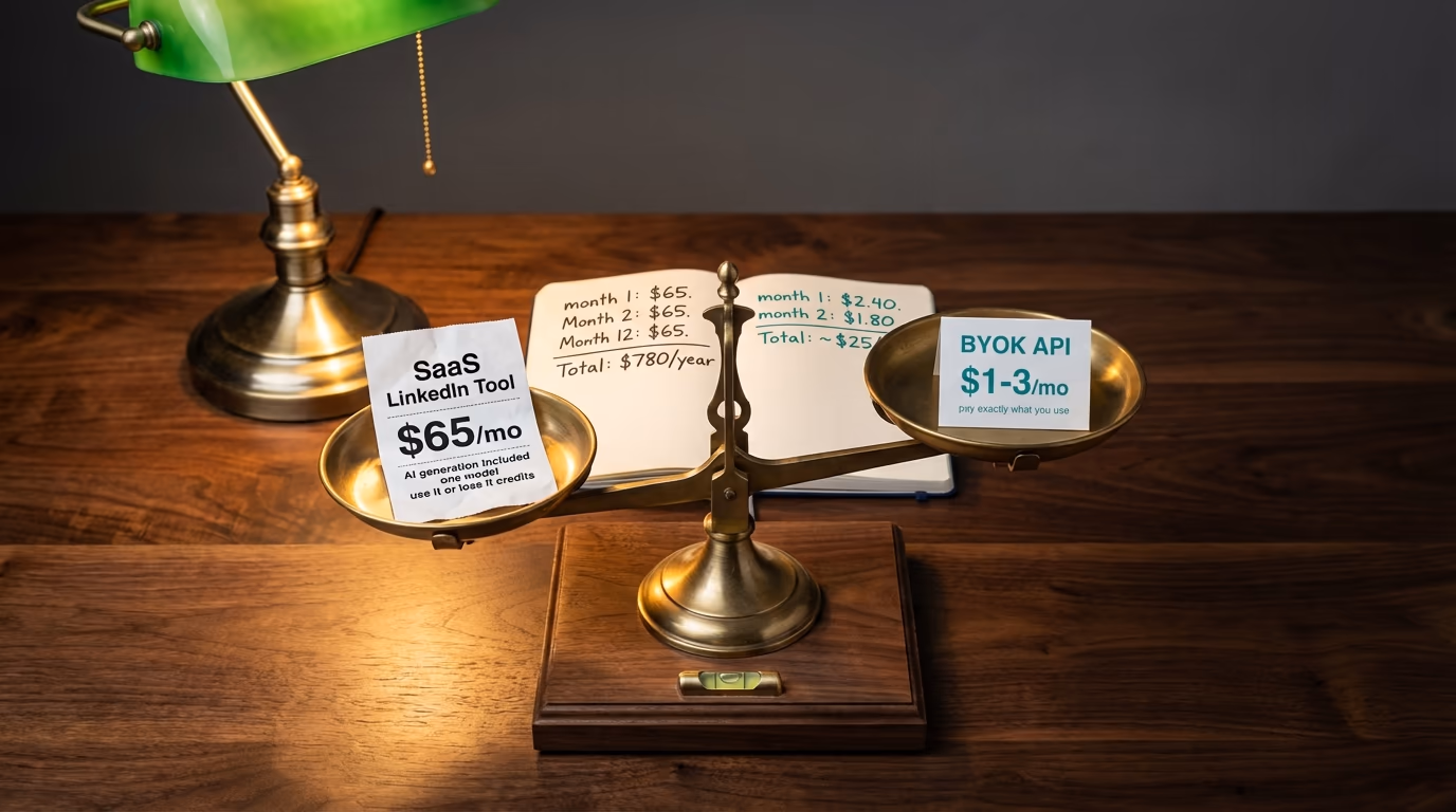Brass balance scale on a desk with a SaaS subscription receipt on one side and a small API cost card on the other showing the price difference