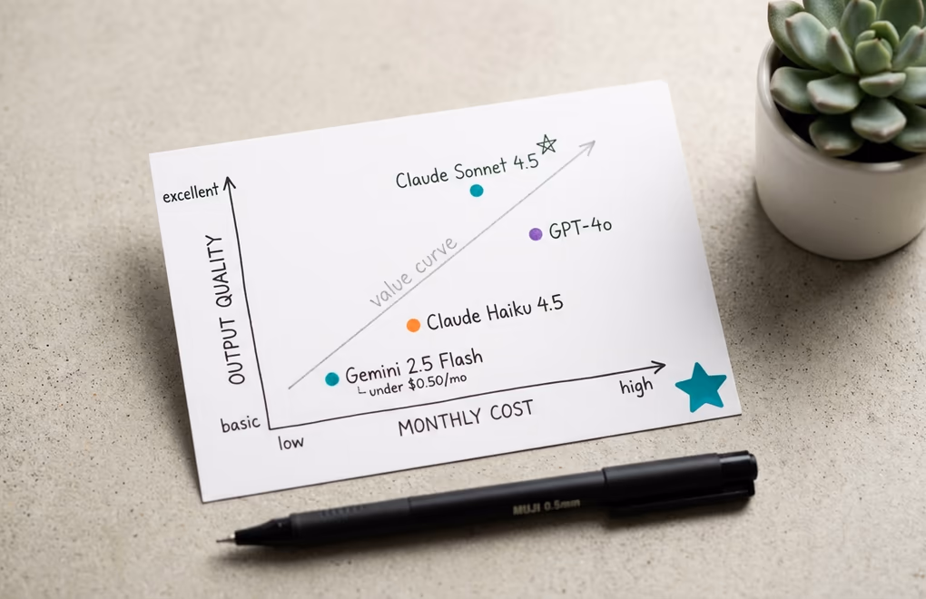 Hand-drawn quality vs cost chart on a notecard showing AI model positions from budget to premium with LinkedIn use case annotations