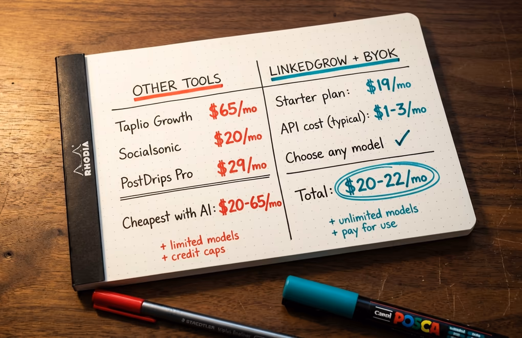 Notepad showing two cost columns side by side - traditional SaaS LinkedIn tool costs versus LinkedGrow BYOK total costs per month