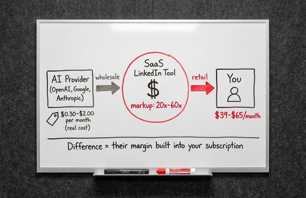 Whiteboard diagram showing the cost flow from AI provider wholesale price to SaaS tool retail price with markup labeled in the middle