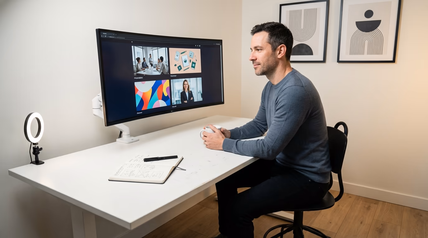 Creative professional reviewing four AI-generated LinkedIn image variations on a large studio display, comparing styles and compositions