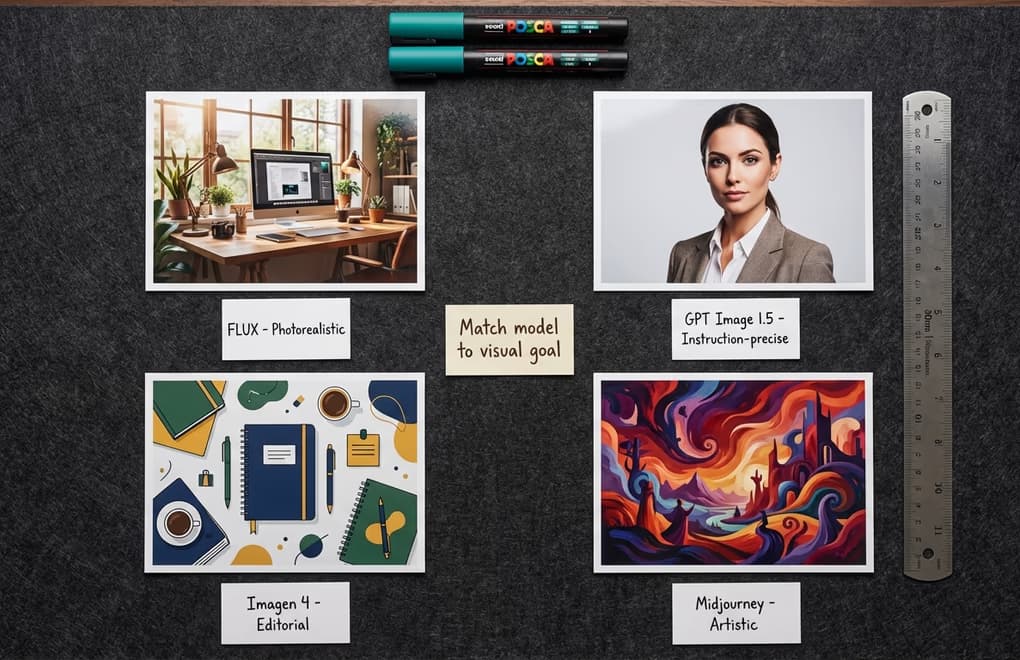 Desk with four printed image samples from different AI models showing varying styles from photorealistic to illustrated for LinkedIn post comparison