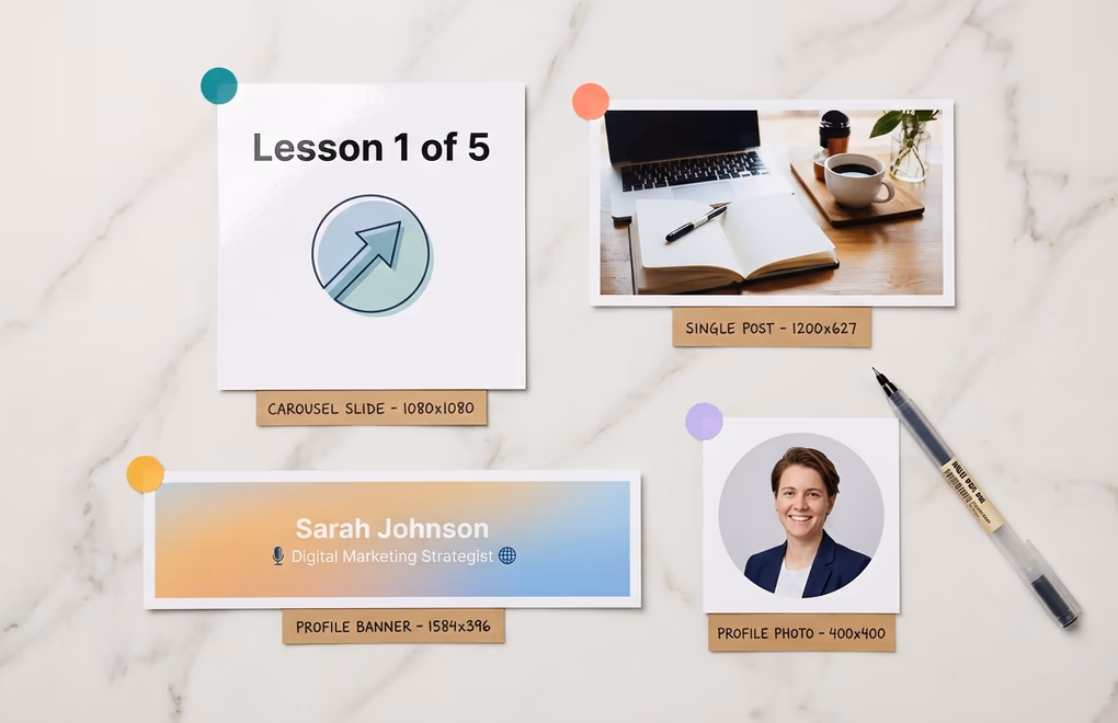 Four LinkedIn content formats laid out on a desk - a carousel slide, a single post image, a banner strip, and a profile photo mockup