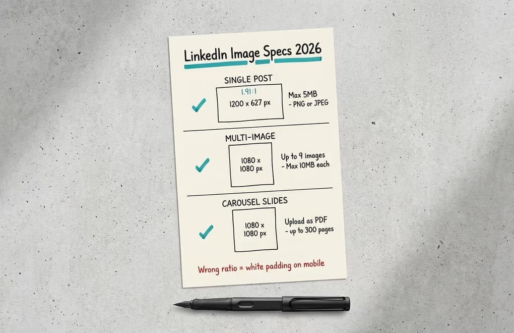 Reference card showing LinkedIn image dimensions for single posts, multi-image posts, and carousel slides with aspect ratios labeled