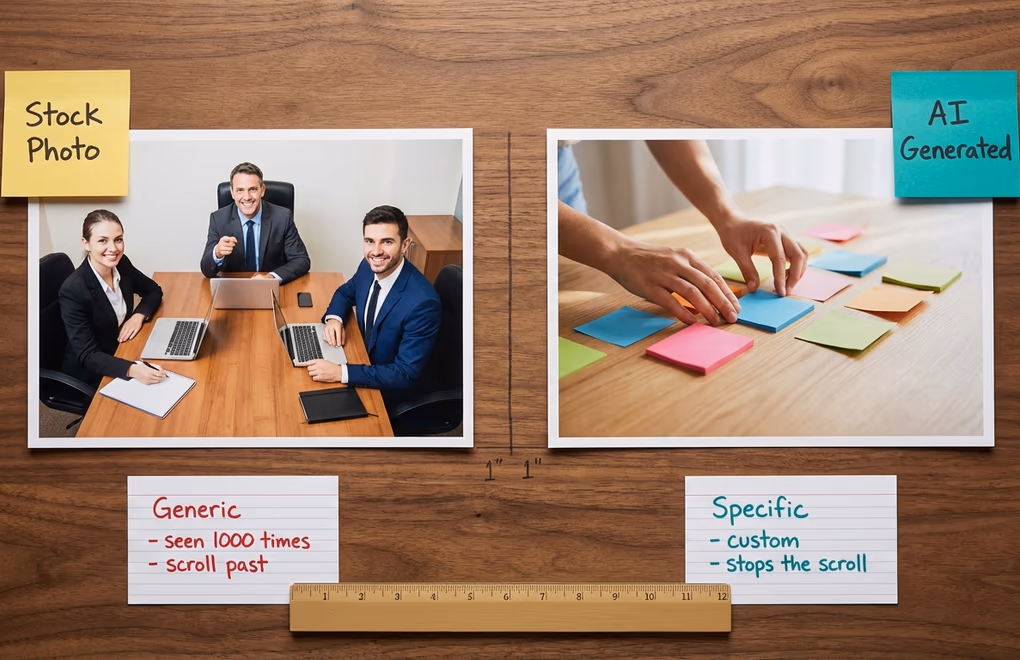 Side-by-side comparison of a generic stock photo on the left and a custom AI-generated LinkedIn post image on the right showing the contrast in visual quality and relevance