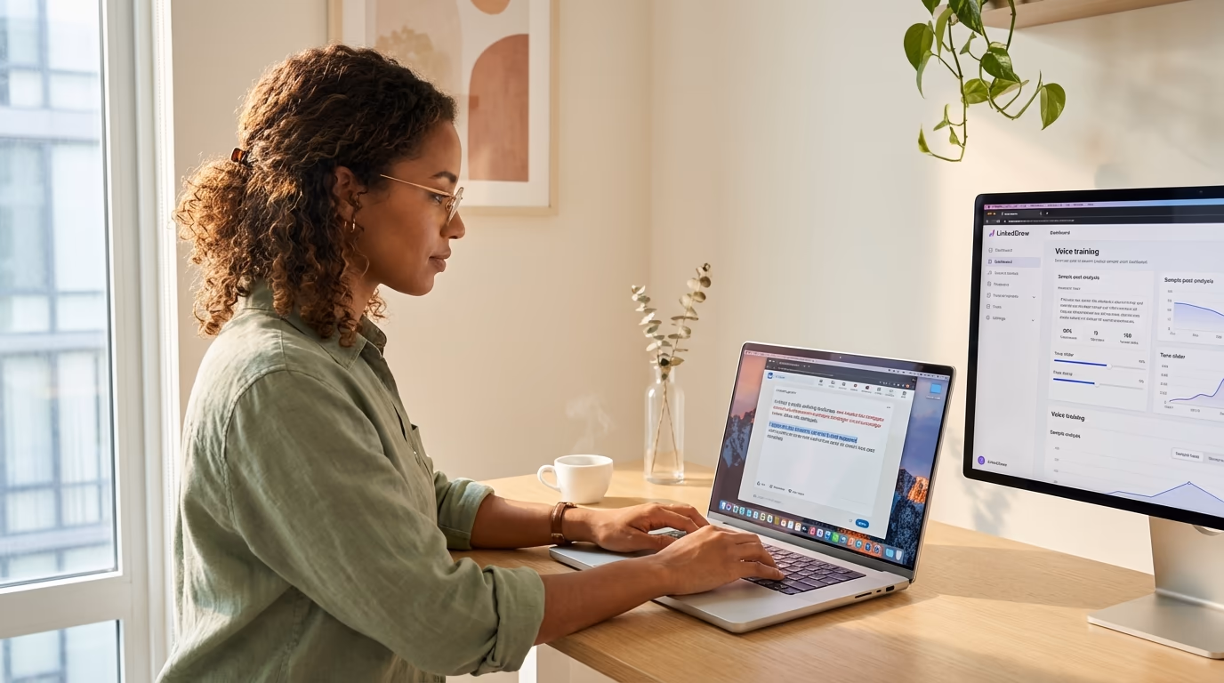 Person editing AI-generated LinkedIn content on laptop, transforming generic text into authentic personal writing