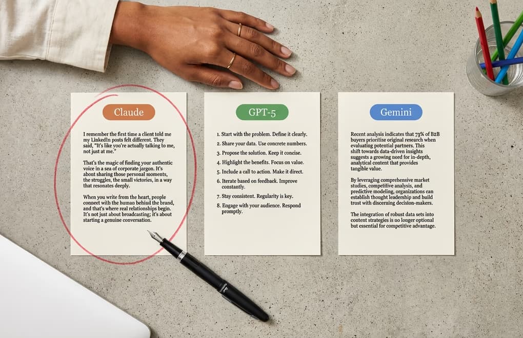 Comparison of different AI model outputs displayed side by side showing varying writing styles from formal to conversational