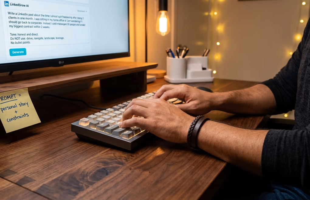 Close-up of hands typing a detailed AI prompt on a mechanical keyboard with a LinkedIn post preview visible on the monitor