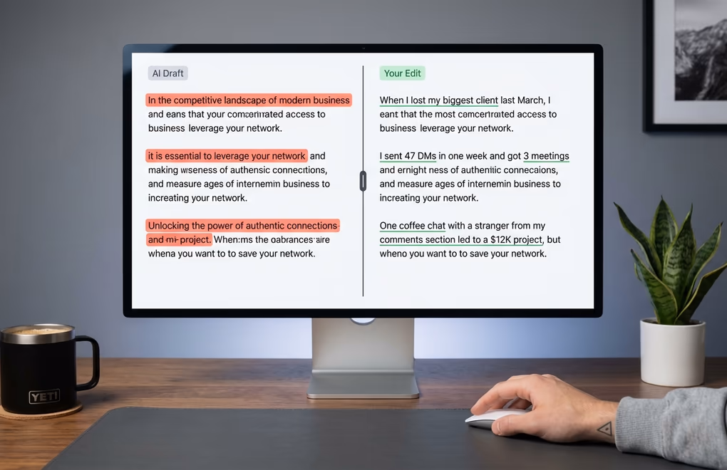 Split screen showing an AI draft on the left with highlighted generic phrases and the edited human version on the right with personal details added
