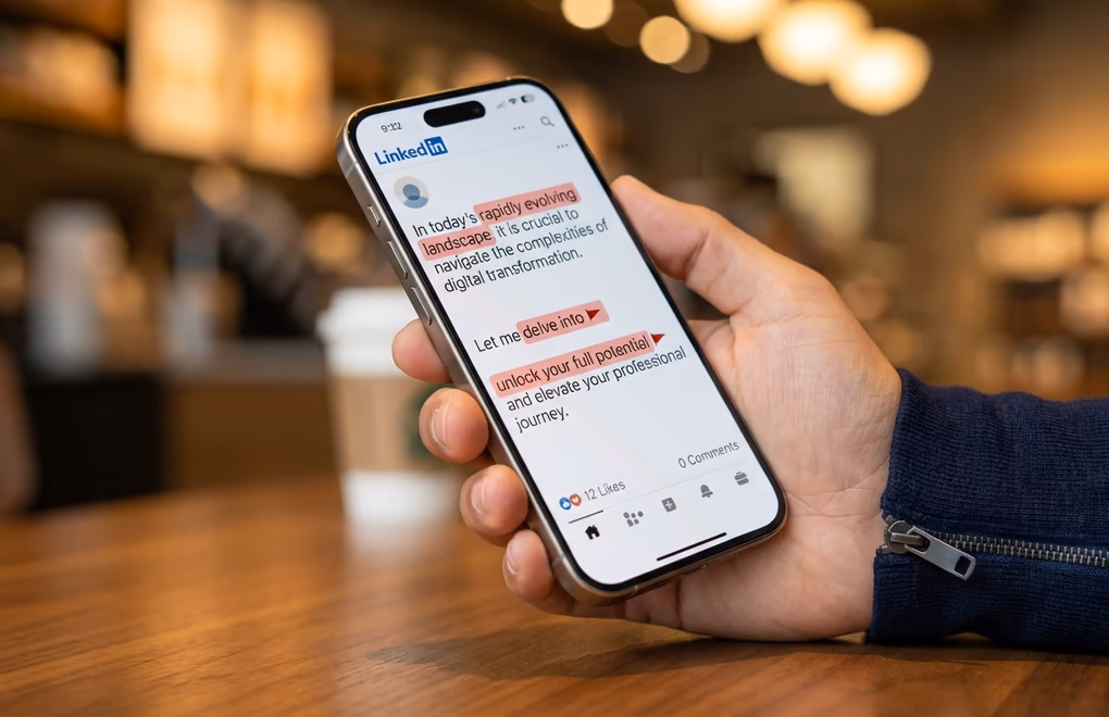 Smartphone screen showing a generic AI-written LinkedIn post with highlighted telltale phrases and patterns