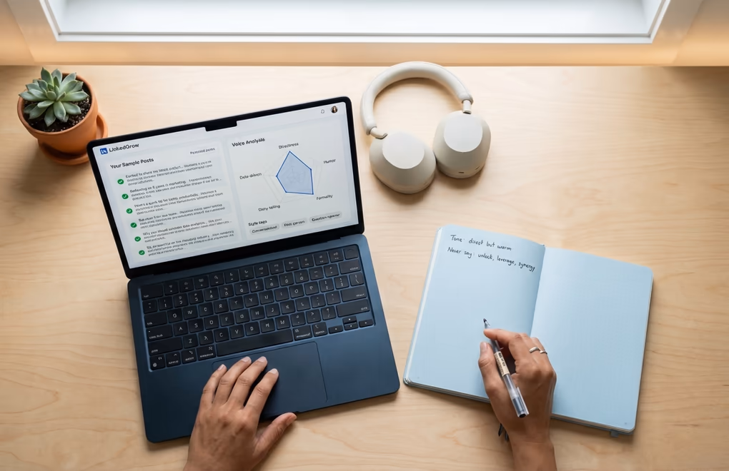 Dashboard interface showing AI voice training analysis of sample LinkedIn posts with tone, vocabulary, and style metrics