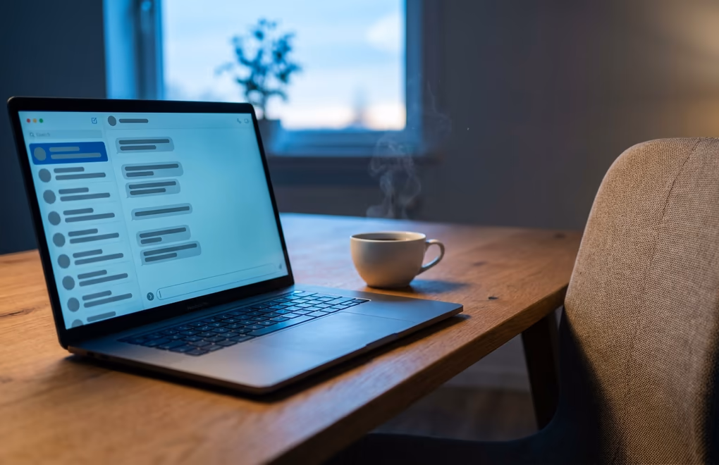 A laptop at dawn running a messaging interface on its own beside an empty chair and an untouched coffee