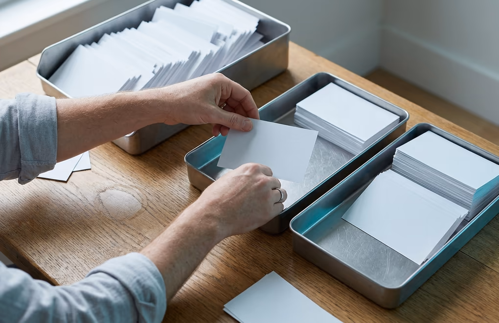 Blank prospect cards being sorted from a full tray into two smaller trays for qualified and unqualified leads