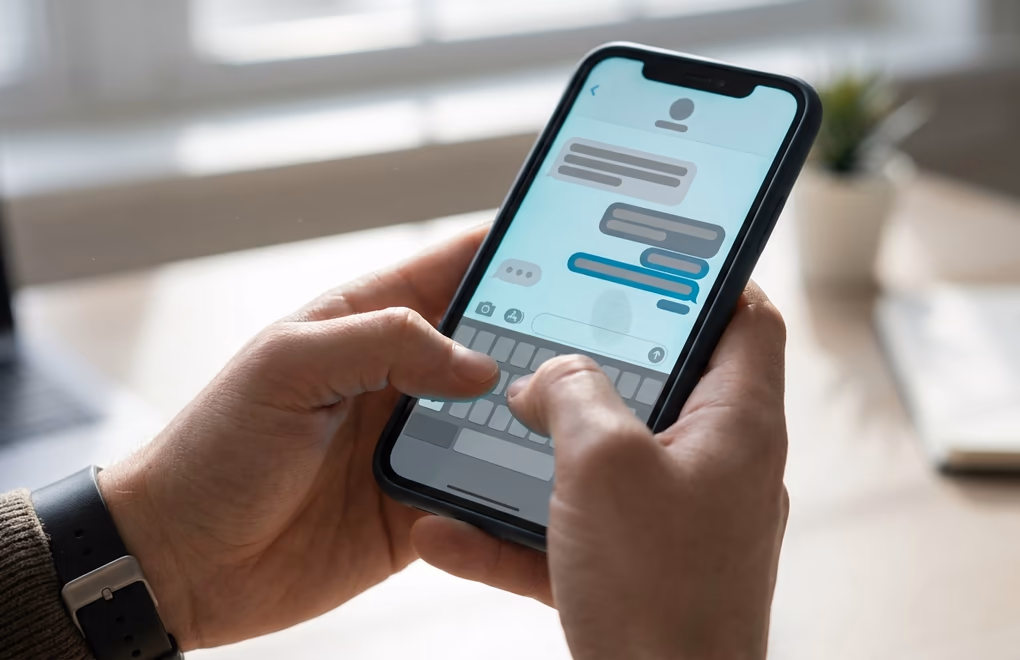 Hands typing a short personal message on a phone showing a chat thread with an incoming reply
