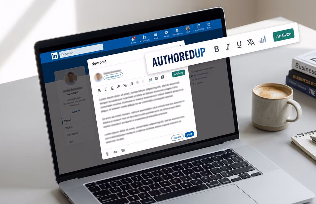AuthoredUp Chrome extension formatting toolbar over the native LinkedIn composer with bold, italic, Unicode controls