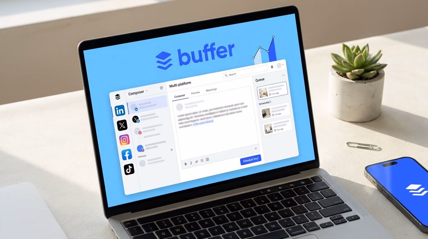 Buffer multi-platform composer with channel selector for LinkedIn, X, Instagram, Facebook, TikTok, and Pinterest