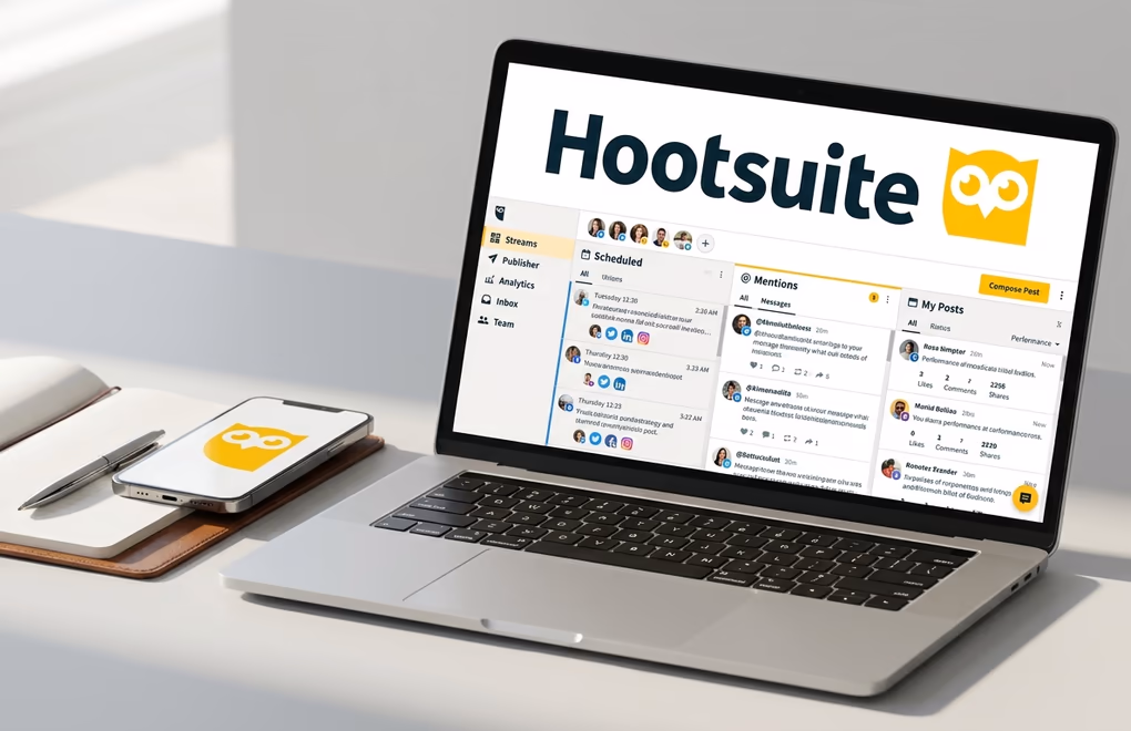 Hootsuite enterprise dashboard with multi-stream feed, team approval workflow, and social listening panels