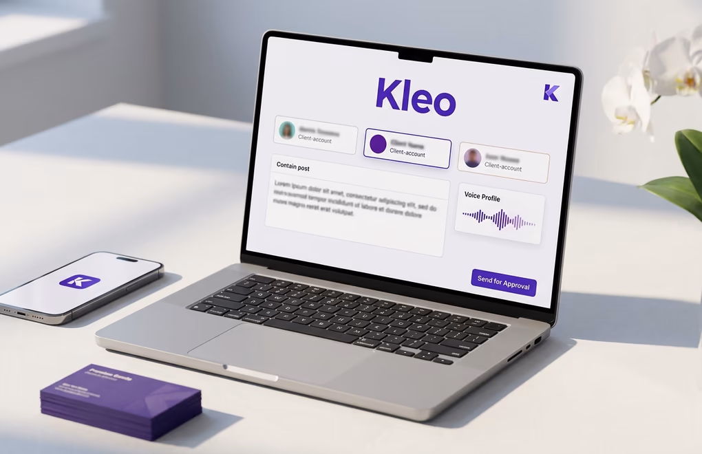 Kleo ghostwriter workspace with client-account tabs, voice-profile soundwave, and send-for-approval button