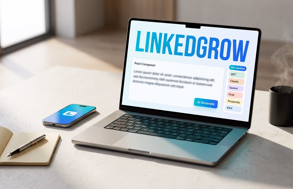 LinkedGrow dashboard with BYOK API key setup and 26 model selector covering GPT, Claude, Gemini, Grok, Perplexity, and Kimi