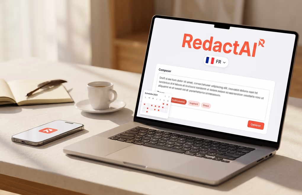 RedactAI composer with French language selector and tone presets for professionnel, inspirant, and direct writing styles