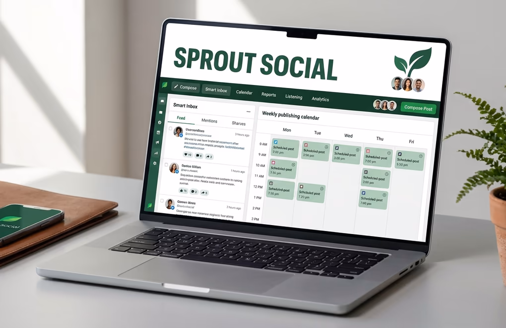 Sprout Social enterprise dashboard with Smart Inbox, publishing calendar, and team member workspace assignments