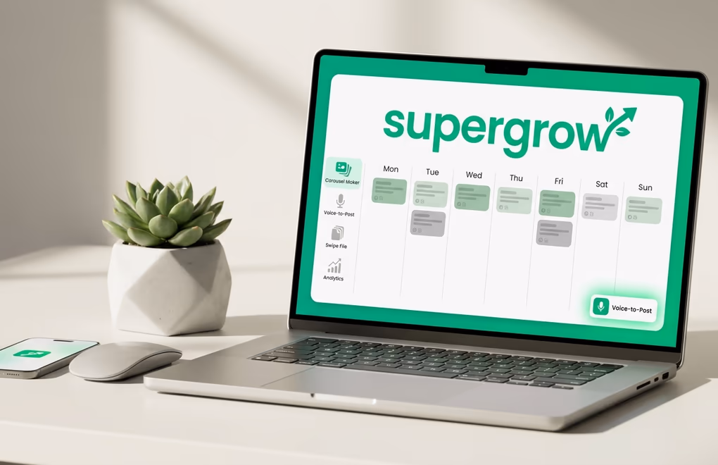 Supergrow weekly calendar view alongside the Voice-to-Post microphone feature and Swipe File content inspiration feed