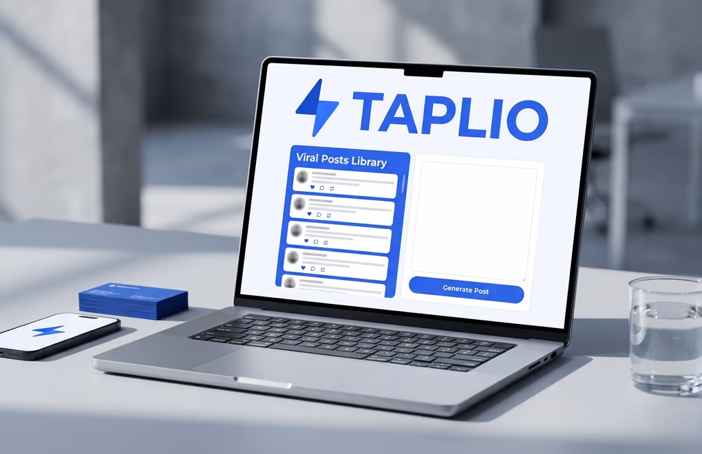 Taplio viral posts library panel paired with the AI composer and lead database outreach module