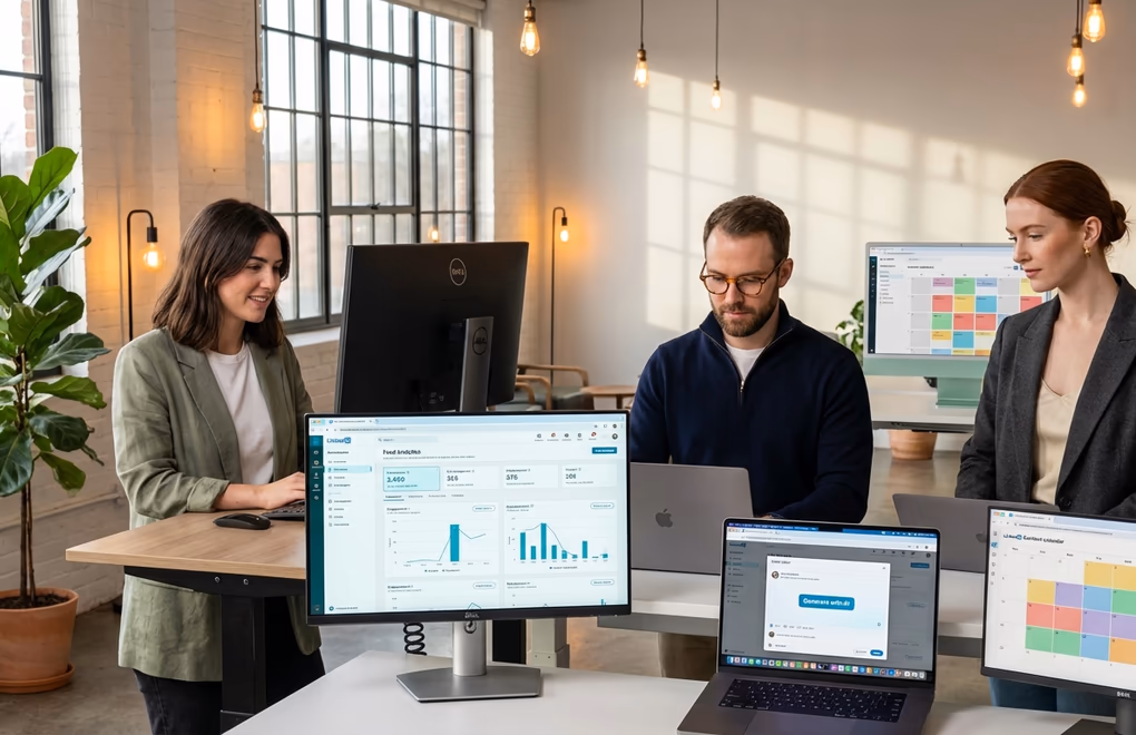 Multiple screens showing different LinkedIn AI tool dashboards representing the diverse tool landscape in 2026