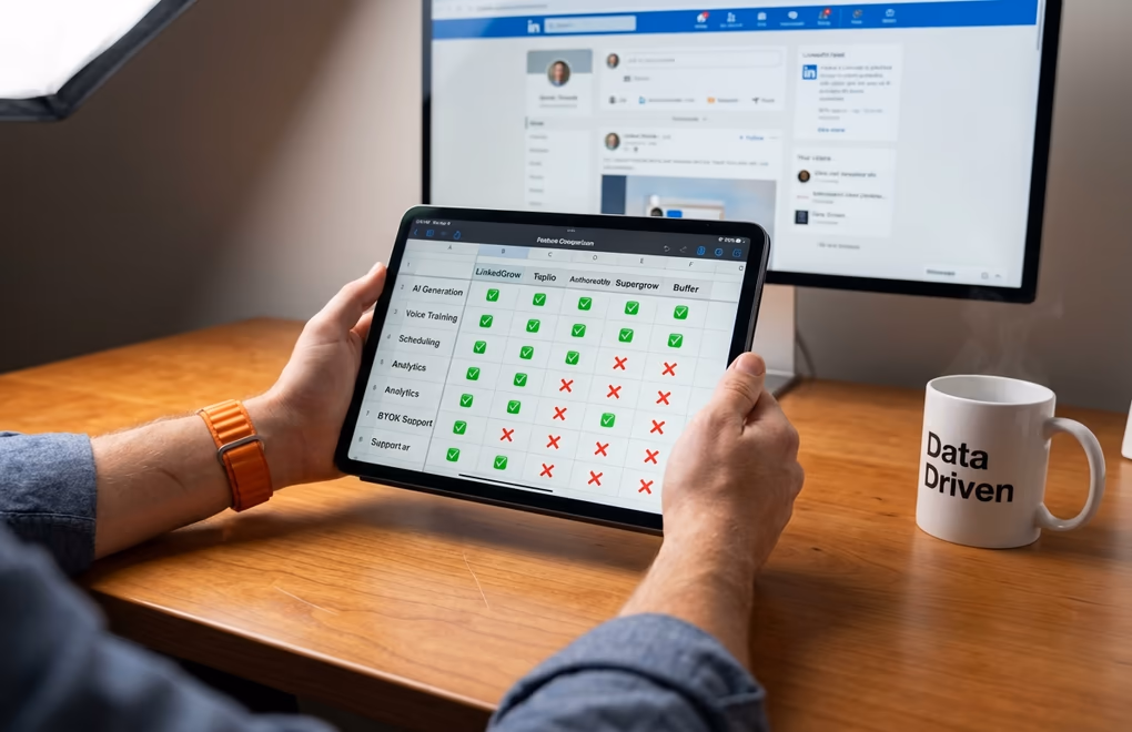 Comparison table showing features of LinkedGrow, Taplio, AuthoredUp, Supergrow and Buffer side by side