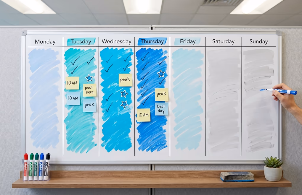Weekly calendar showing LinkedIn engagement levels for each day with Tuesday through Thursday highlighted as peak days