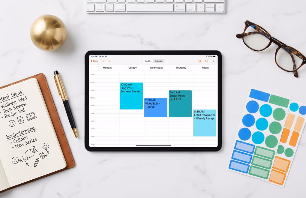 Content calendar on a tablet screen showing a well-organized weekly LinkedIn posting schedule with color-coded time slots