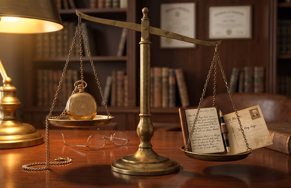 Balance scale weighing a clock on one side and quality content elements on the other showing both matter for LinkedIn success