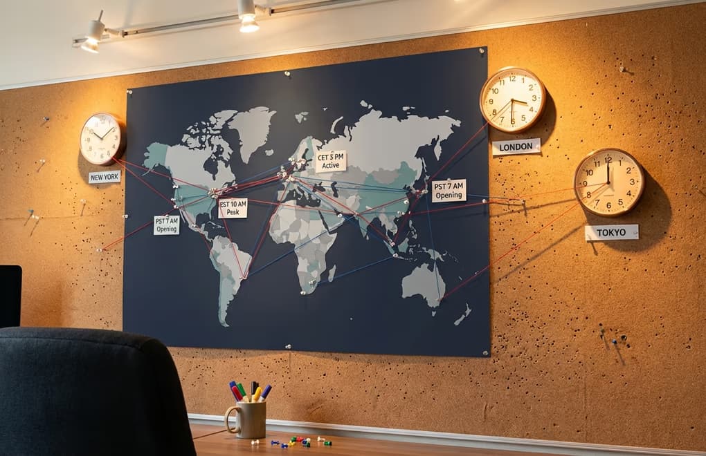 World map with glowing time zone lines showing different business hours across continents with LinkedIn icons