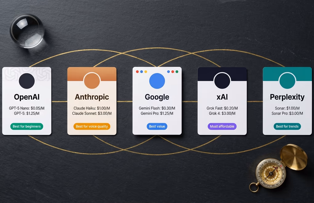 Six AI provider logos - OpenAI, Anthropic, Google, xAI, Perplexity, and Kimi - with key model names and price ranges displayed beneath each
