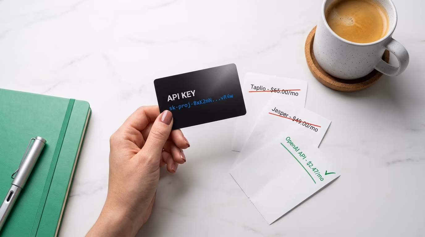 BYOK Explained - Hands holding an API key card next to a drastically reduced AI bill showing the savings of bringing your own key