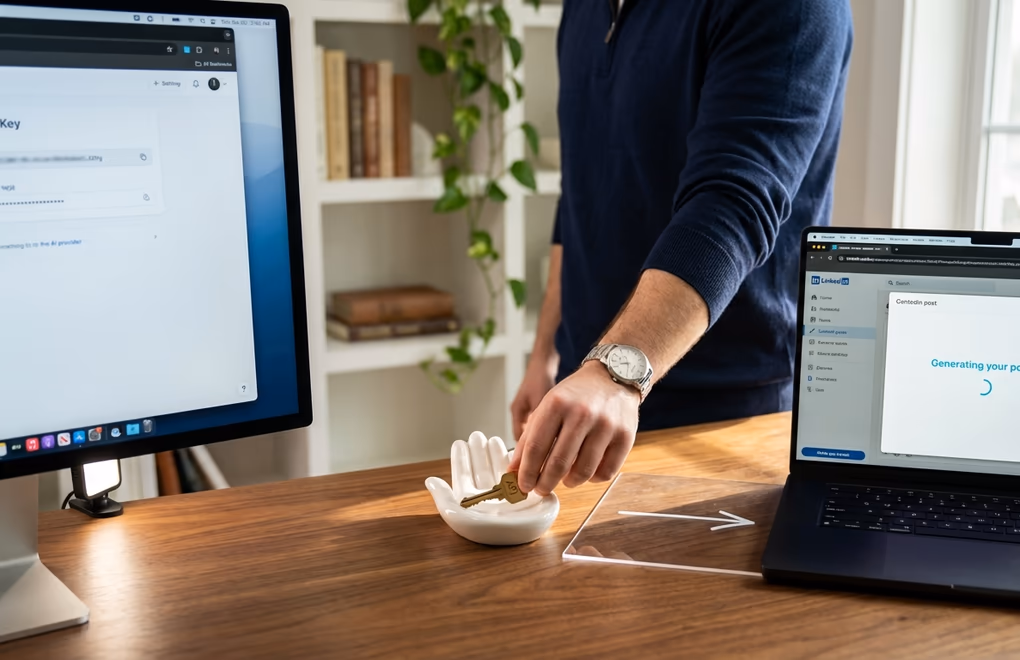 Visual diagram showing the BYOK flow - user gets API key from AI provider, connects it to LinkedGrow, and pays the provider directly at wholesale rates