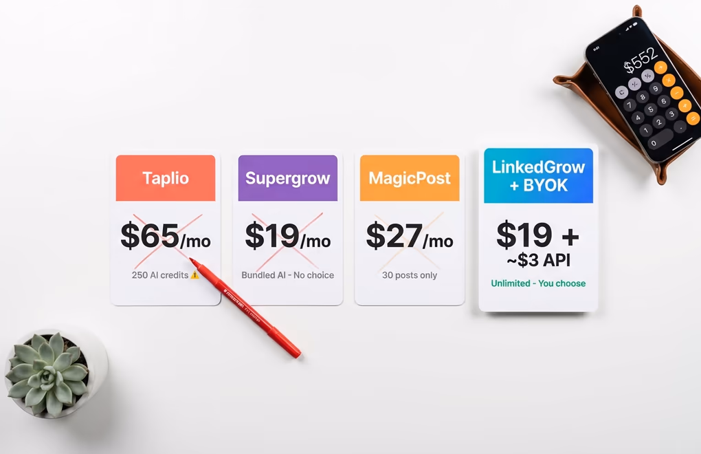 Side-by-side pricing comparison of LinkedIn AI tools showing Taplio, Supergrow, MagicPost, and LinkedGrow BYOK costs
