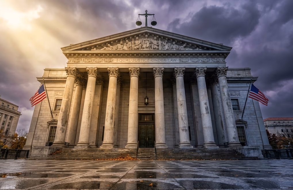 Dramatic view of a federal courthouse with warm golden light illuminating the scales of justice against a stormy sky