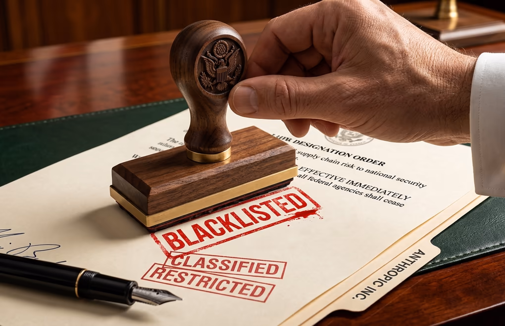 Dramatic close-up of an official government stamp pressing down on a document with red BLACKLISTED text