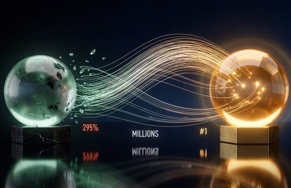 Dramatic visualization of millions of glowing data streams flowing from a green sphere to a warm amber sphere