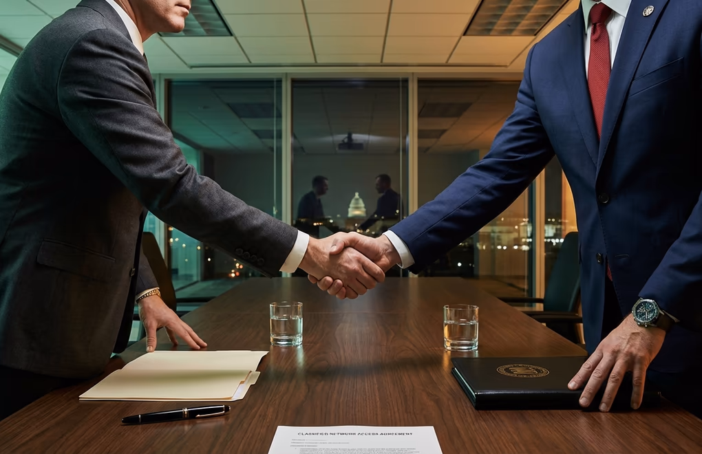 Two business figures shaking hands across a desk while a shadow falls over one side representing an opportunistic deal