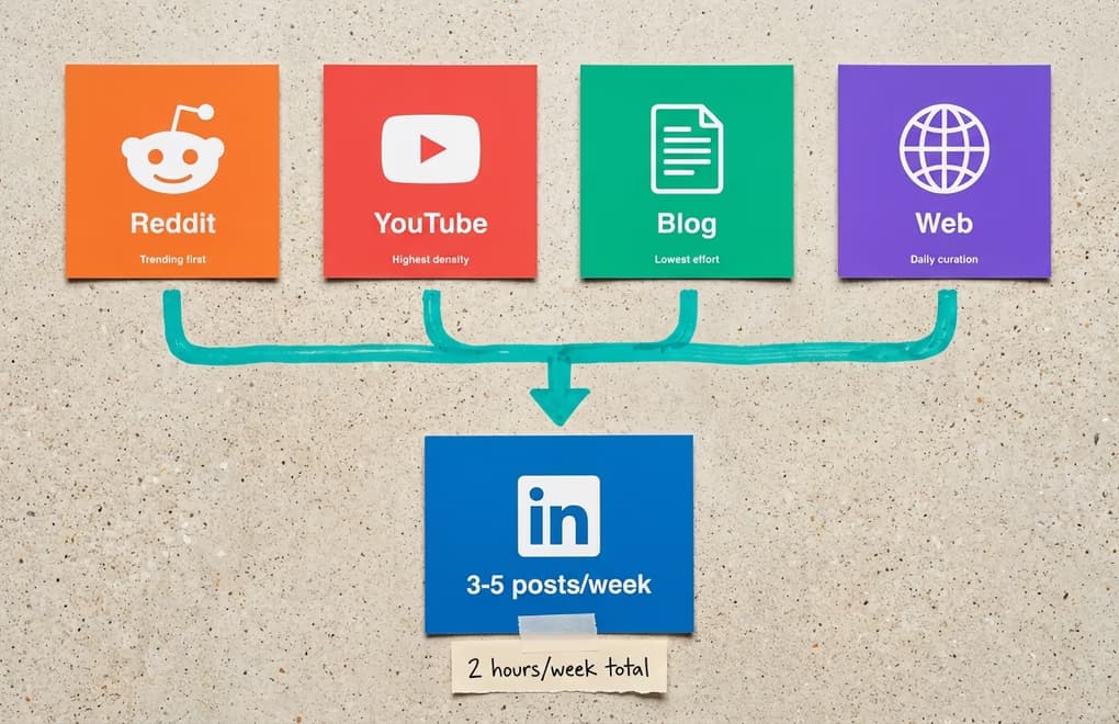 Four content source icons - Reddit, YouTube, Blog, and Web - with arrows pointing to a central LinkedIn icon
