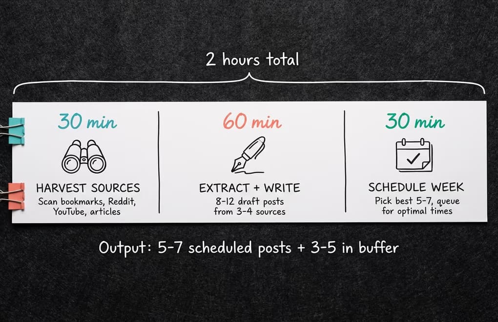 Weekly timeline showing a 2-hour content repurposing session producing enough LinkedIn posts for the entire week