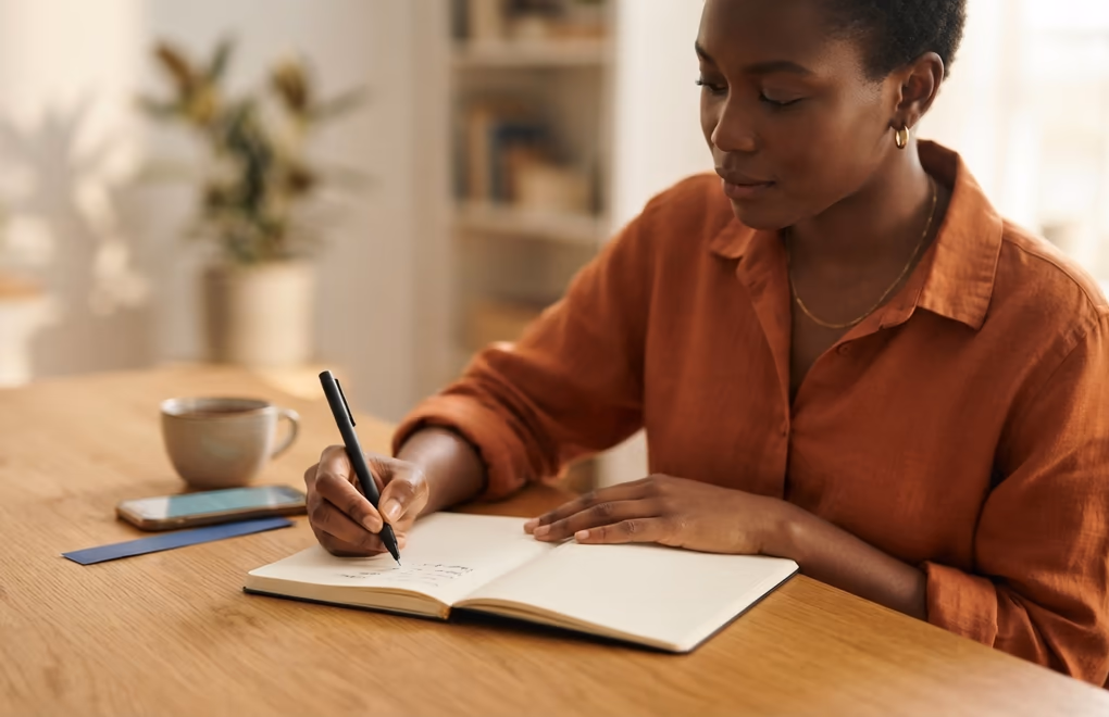 A person jotting a shortlist of name-based handle options in a notebook by a phone