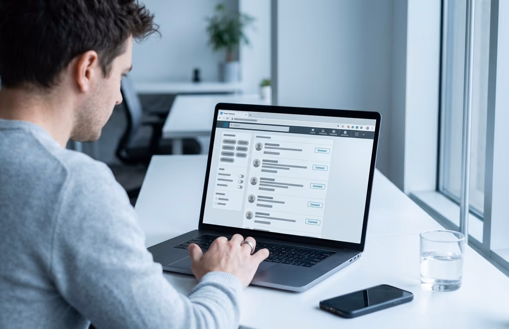 A LinkedIn search filtered by job title with a company People tab open on a laptop